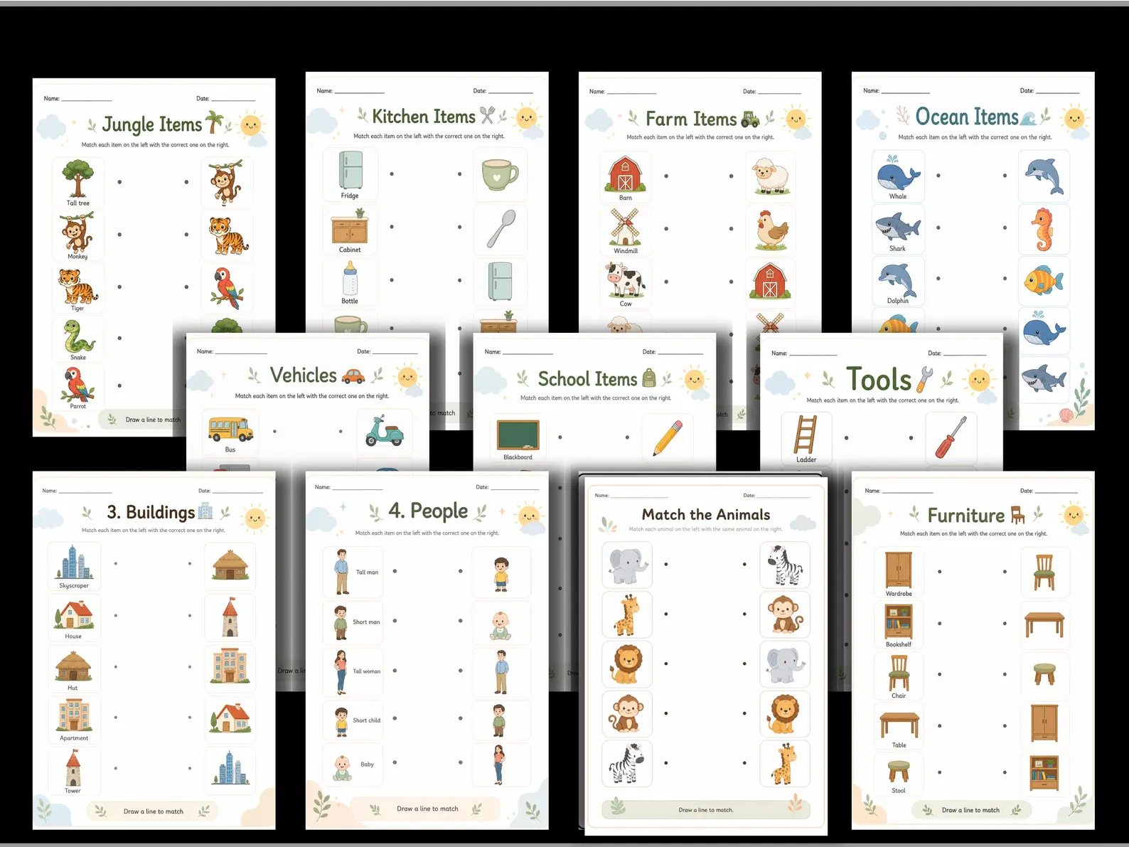 CuteLearner printable Printable Matching Worksheets, Kindergarten Learning Activity, Match the Picture, Educational Pages, Homeschool , Busy book, 40+ PDF — Mat — preview 9